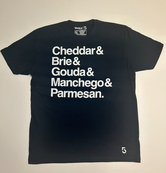Starting 5 Cheeseboard T-Shirt - Black graphic tee featuring top five cheeses design